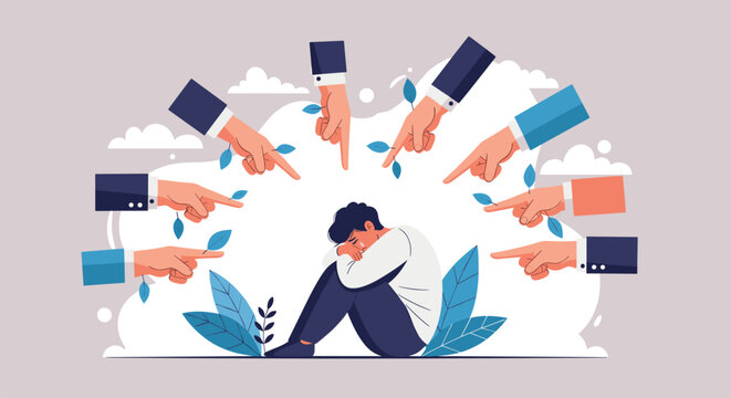 Sad and depressed young man sitting on the floor while many hands point accusatory fingers at him in shame.