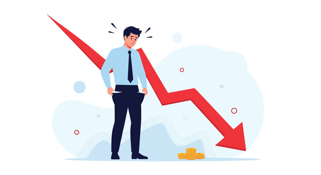 Sad bankrupt businessman pulling out empty pockets in front of a falling red graph representing loss.