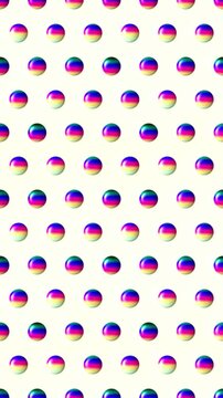 Rainbow glossy spheres polka dot pattern on white background, animated 3d balls, seamless looping vertical video