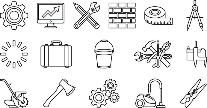 Construction tools workshop hardware and home utility vector line icon set featuring wrench hammer gears axe vacuum cleaner
