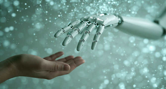 Hand holding robot sparkling water droplets in sunlight. Close-up of fresh liquid splash with natural light reflections.
