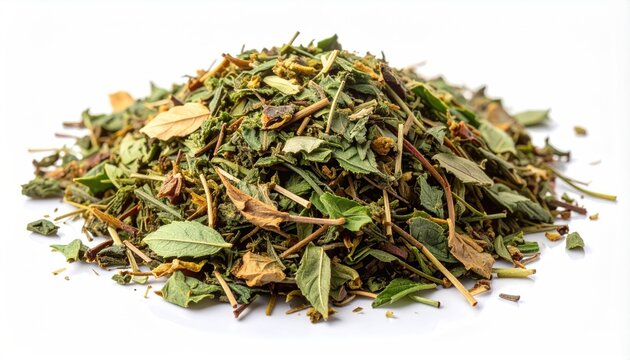 Dried Herbal Tea Mix Pile with Green Leaves and Stems