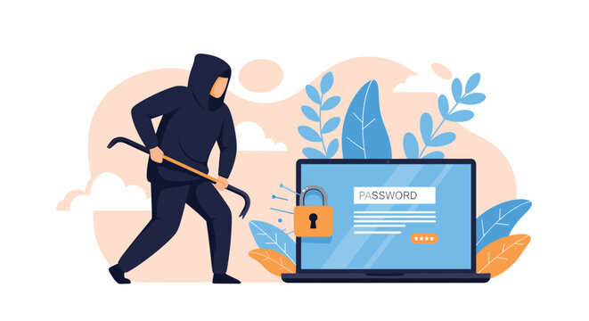 Masked cyber thief holding crowbar next to laptop screen showing password lock representing security hack concept.