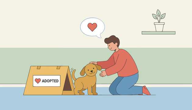 Young man happily adopts a cute brown dog next to an adopted sign with a red heart showing unconditional pet love.