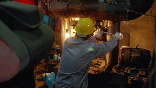Industrial technician performing maintenance and adjustment on a heavy press machine inside a manufacturing factory. Mechanical engineering, repair, inspection, and workplace safety.
