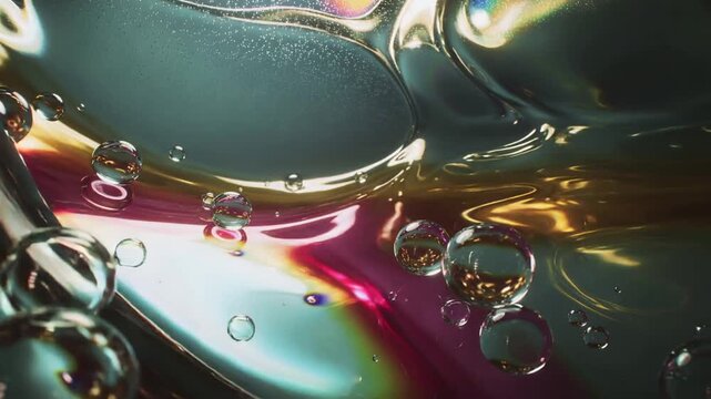 Shifting droplet cluster and microbubbles moving on rainbow film, lighting shift initiating motion