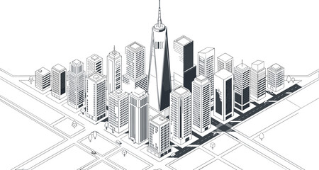 Modern isometric metropolis city center vector map layout featuring corporate skyscrapers town streets blocks and skyscrapers layout design © Afroja