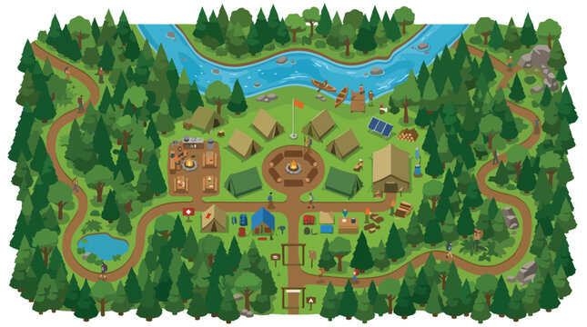 Top down cartoon map of a summer camp in a forest with cabins and river.