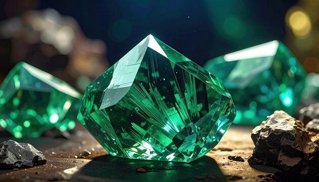 Vibrant Green Crystal Gem on Dark Surface with Rocks
