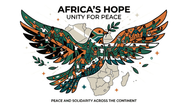 Stylized dove illustration featuring diverse people united for continental peace