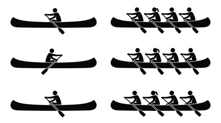 Rowing and canoeing stick figure icons set with single and team rowers © Tulippp