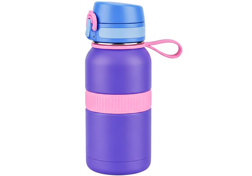 Purple and blue reusable water bottle with pink handle