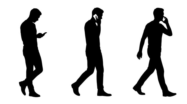 Black silhouettes depicting a man walking while using his smartphone for calls and texting