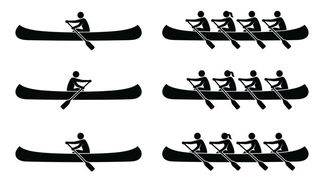 Rowing and canoeing stick figure icons set with single and team rowers
