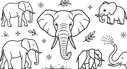 Elephant vector line art elements set featuring safari animal head geometric origami cute cartoon and trunk spraying water © Hafizul