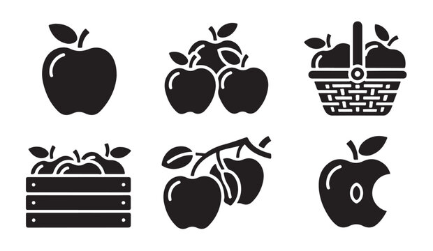 Fresh apple fruit icons set featuring crate basket branch and bitten apple silhouettes.