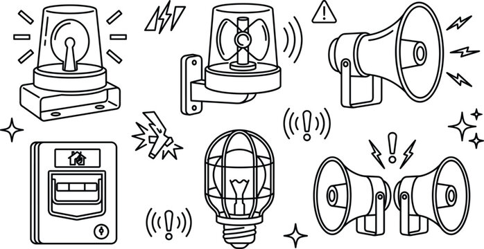 Emergency siren and security warning system vector line icon set featuring flashing beacon light megaphone and fire alarm