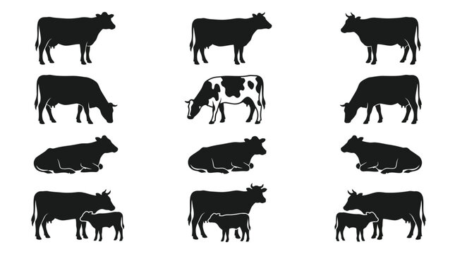 Vector silhouette set of cattle, including cows and calves in various farm poses