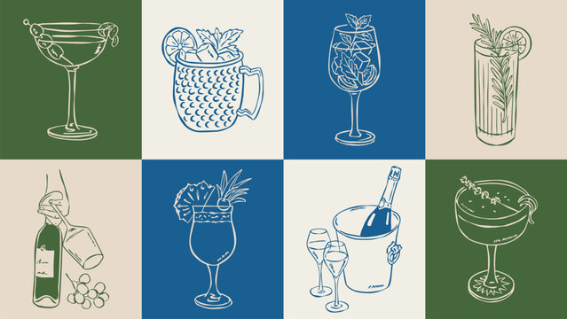 Minimalist hand-drawn popular cocktail vector illustrations in sketch style for greeting cards, wedding invites, posters, branding, logo design, backgrounds, and modern creative projects.