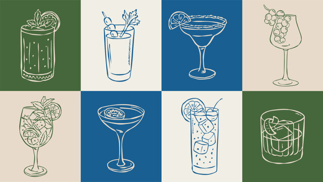 Minimalist hand-drawn popular cocktail vector illustrations in sketch style for greeting cards, wedding invites, posters, branding, logo design, backgrounds, and modern creative projects.