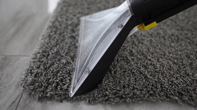 Transparent extractor nozzle presses into medium-pile gray carpet, drawing dark soiled water and debris through suction channel while adjacent pale fibers stay damp, compacted, and slightly glossy