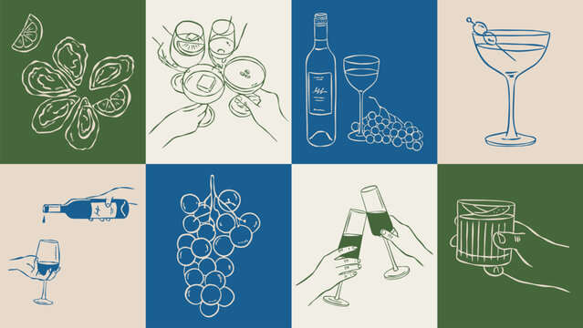 Minimalist hand-drawn popular cocktail vector illustrations in sketch style for greeting cards, wedding invites, posters, branding, logo design, backgrounds, and modern creative projects.