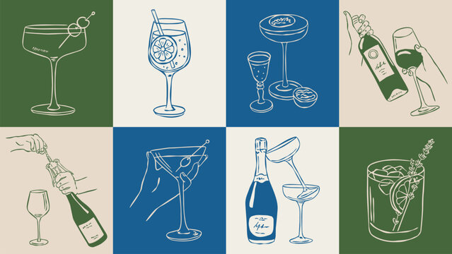 Minimalist hand-drawn popular cocktail vector illustrations in sketch style for greeting cards, wedding invites, posters, branding, logo design, backgrounds, and modern creative projects.