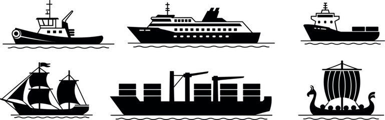 Ocean ships and boats black silhouette vector icons set, cargo container vessels cruise ferries sailing ships © Puley