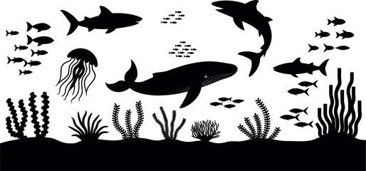 Underwater ocean sealife black silhouette vector illustration, marine fish sharks whale jellyfish and coral reef elements set © Puley
