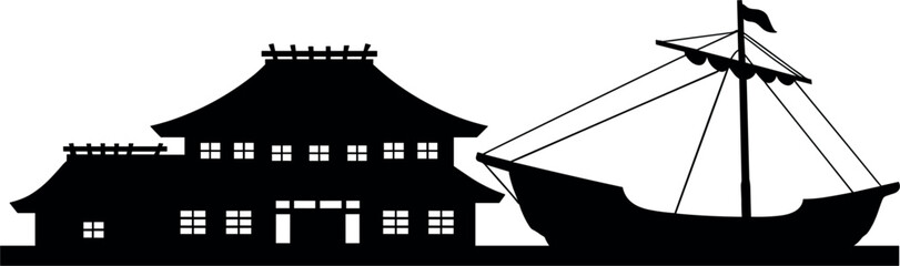 Traditional Asian harbor silhouette vector illustration, ancient Japanese building pagoda and old wooden sailing ship set © Puley