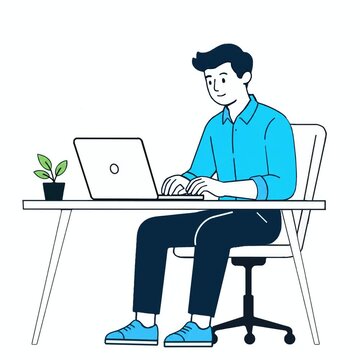 Office Worker Typing on Laptop at Desk, Looking at Screen and Continuing Work &ndash; Flat 2D Business Animation