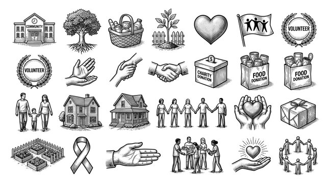 Community support sketch icon collection in black. Set of community center, tree, donation basket, planted sapling, heart, teamwork flag, volunteer badge and helping hand icons in doodle style