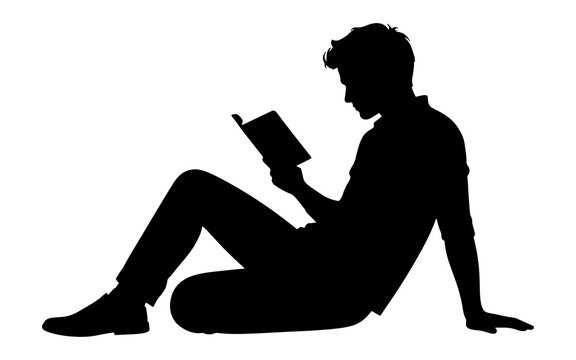 Silhouette of a man sitting on the floor leaning back and reading a book