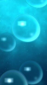 Cyan glass bubbles floating in dark teal water, animated transparent spheres background, seamless looping vertical video