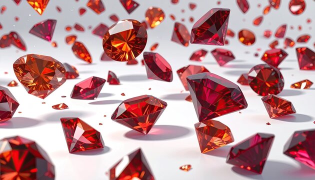 Shiny Red Gems Sparkling in Flight Over White Surface