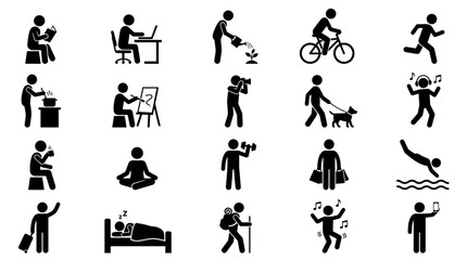 Naklejka premium Stick Figure Icons Set Showing Common Daily Hobbies and Tasks