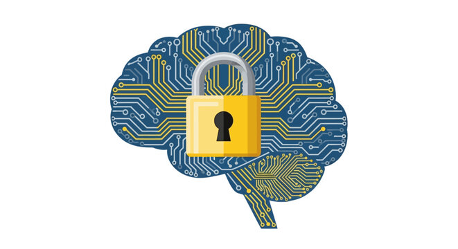 Artificial Intelligence Data Protection and Cybersecurity Concept with Circuit Board Brain and Secure Padlock Icon