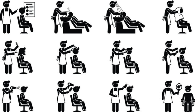 Barber shop and hair salon stick figure icon set showing haircut washing rinsing drying combing and styling service vector