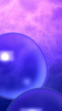 Glass bubbles floating on purple magenta nebula, animated transparent spheres background, seamless looping vertical video