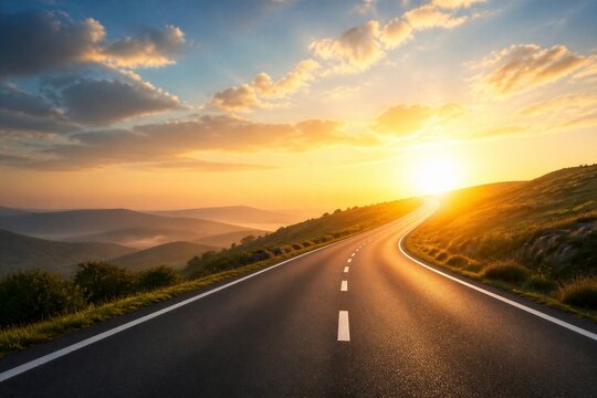 Empty winding road leading toward sunrise over hills landscape