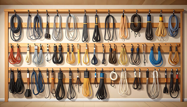 Variety of leather horse reins organized.