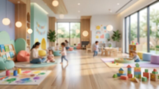 blurred interior of a modern preschool classroom, light wood floors, colorful bean bags, educational wooden blocks, floor-to-ceiling windows, soft bokeh effect.