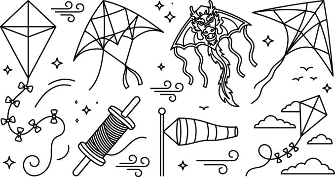 Flying kite festival line icon set with diamond geometric dragon kite windsock spool string clouds and stars