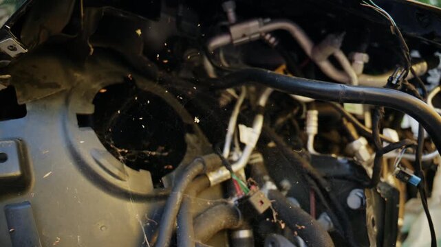 Detailed close up of dusty automotive wiring, hoses, and mechanical components inside a damaged vehicle