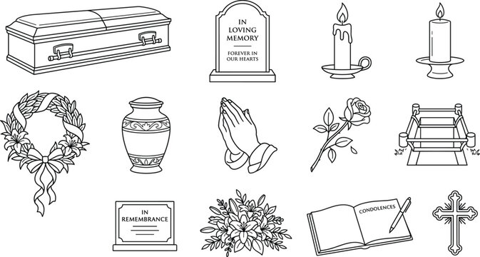 Funeral service and memorial ritual vector line icon set featuring coffin tombstone urn praying hands condolence book elements