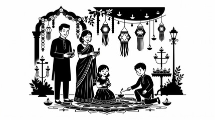 Happy Indian Family Celebrating Diwali Festival with Diya Lamps and Traditional Decorations Silhouette © yoga