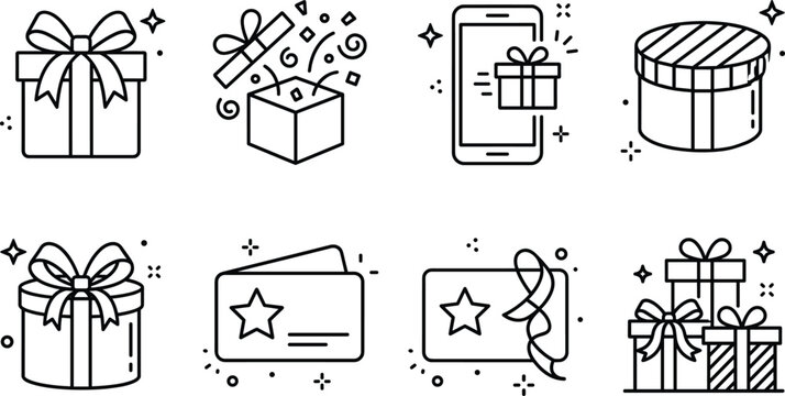 Gift box and reward voucher vector line icon set featuring surprise opening mobile delivery gift card stack elements