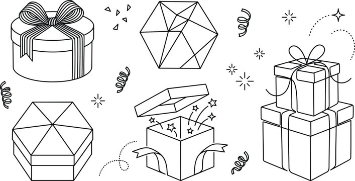 Gift box vector line art set featuring round geometric hexagon boxes open surprise parcel stack with confetti elements