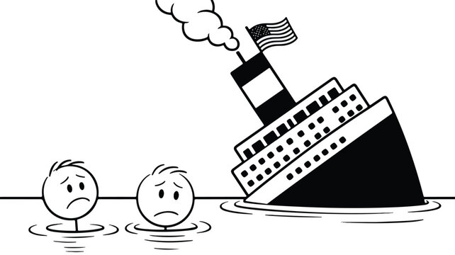 Two men in water looking at a large sinking ship with smoke