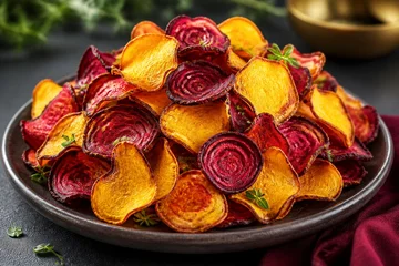 Beet and sweet potato chips stacked on dark ceramic plate © mila103